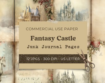 Fantasy Castle Junk Journal, Double Journal Pages, Printable FairyTale Unicorn Journal Vintage Digital Paper Digital Download Commercial Use