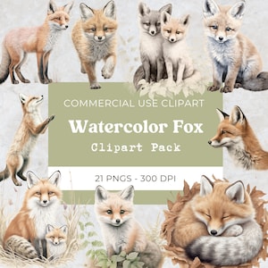 Aquarelle numérique renard, clipart animaux de la forêt, bébé renard Png, clipart renard automne, téléchargement numérique, usage commercial, 21 Png 300 Dpi
