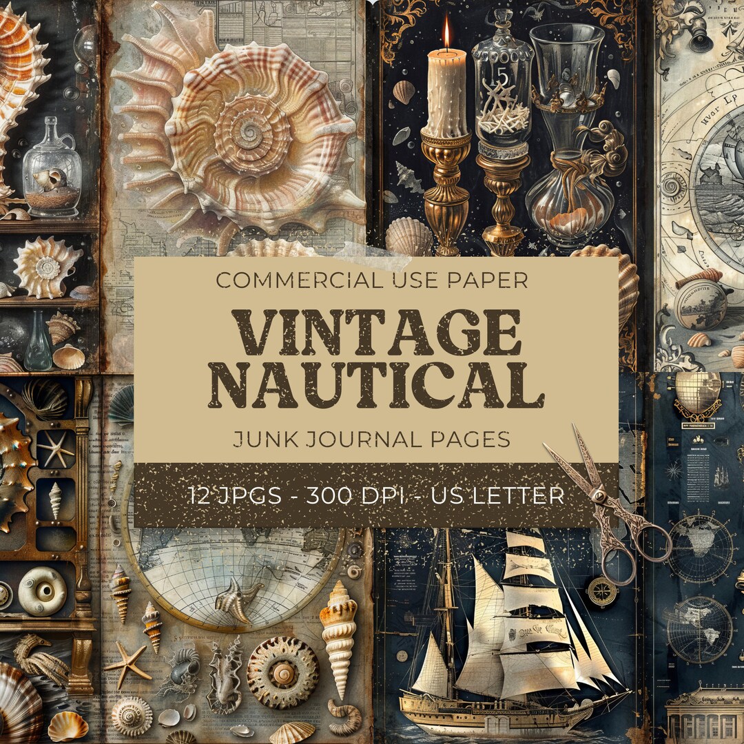 Junk Journal Kit Nautical, 12 Vintage Digital Journal Pages + 18 Tags ...