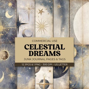 Pacchetto diario spazzatura Celestial Dreams, carta digitale Gold Moon & Starry Night per scrapbooking, artigianato mistico, astrologia, decorazioni lunari
