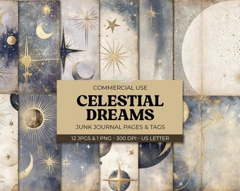 Celestial Dreams Junk Journal Pack, Gold Moon & Starry Night Digital Papers for Scrapbooking, Mystical Crafts, Astrology, Lunar Decor