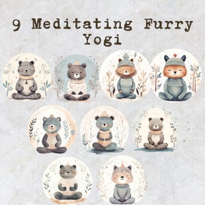 May include: Nine illustrations of meditating furry yogis in various poses. Each illustration features a different animal, including a cat, bear, and fox, wearing a knitted hat and sweater. The illustrations are set against a watercolor background with foliage.