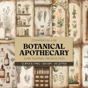 Imprimibles de boticario para diarios basura, efímeras botánicas vintage, descarga digital, materiales para manualidades con hierbas, páginas antiguas para álbumes de recortes de ciencias.