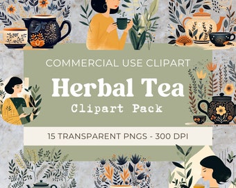 Uso comercial de imágenes prediseñadas de té de hierbas, 300 ppp, 15 PNG transparentes