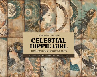 May include: A set of 12 digital papers featuring celestial and hippie girl themes. The papers are in a vintage style with a muted color palette of blues, browns, and creams. The papers feature moons, stars, flowers, and a girl with long hair. The papers are perfect for junk journaling, scrapbooking, and other creative projects.  COMMERCIAL USE - CELESTIAL HIPPIE GIRL - JUNK JOURNAL PAGES & TAGS - 12 JPGS & 1 PNG - 300 DPI - US LETTER