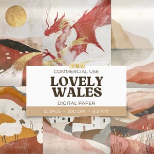 Precioso papel de Gales, diario basura de paisaje Cymru imprimible, collage de álbumes de recortes, efímera del dragón rojo, tarjeta de diario, carta de EE. UU., uso comercial