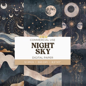 Afdrukbaar papier Nachtelijke hemel, Celestial Starry Night digitaal papier, plakboekpapier, Moon Junk Journal, dagboekkaart, US Letter, commercieel gebruik