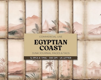 Egyptian Coastal Landscape Junk Journal Pages - 12 Printable Vintage Sailboat and Palm Designs, Watercolor Ink Wash Stationery Set