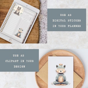 May include: Digital clipart of a cute cartoon bear wearing a blue and white hat and sweater. The bear is sitting with its legs crossed and has a small brown pouch on its belly. The image is on a white background and can be used as a sticker or clipart.
