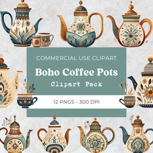 Pode incluir: Um conjunto de 12 imagens de clipart digital de bules de café boho em várias cores e padrões. Os bules são decorados com desenhos florais e geométricos. O texto "COMMERCIAL USE CLIPART Boho Coffee Pots Clipart Pack 12 PNGS - 300 DPI" é exibido em um fundo azul esverdeado.