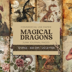 Puede incluir: Un paquete de papel digital con 12 imágenes que presentan dragones, flores y texto vintage. El paquete de papel está diseñado para el diario de chatarra y es para uso comercial. El texto en la imagen dice "COMMERCIAL USE PAPER MAGICAL DRAGONS JUNK JOURNAL PAGES 12 JPGS - 300 DPI - US LETTER".
