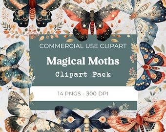 Magical Moth Clipart, Watercolor Mystical Butterfly Png, Enchanted Boho Nature, Garden png, Digital Download, Commercial Use, 14 Png 300 Dpi