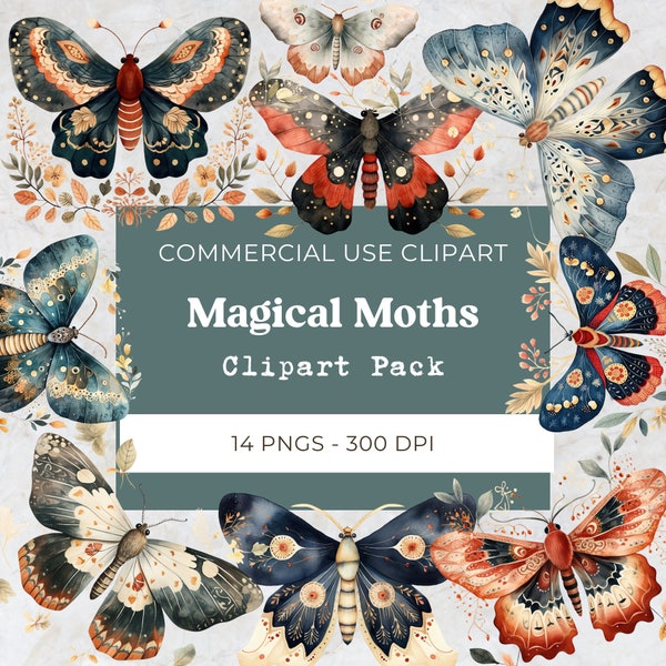 Magical Moth Clipart, Watercolor Mystical Butterfly Png, Enchanted Boho Nature, Garden png, Digital Download, Commercial Use, 14 Png 300 Dpi