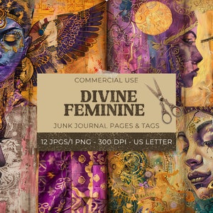 Goddess Junk Journal, 12 Seiten Divine Feminine Digital Journal + 18 Tags, Heilige Ephemera zum Ausdrucken, Papierherstellung, Collage Sheet 11 x 8.5