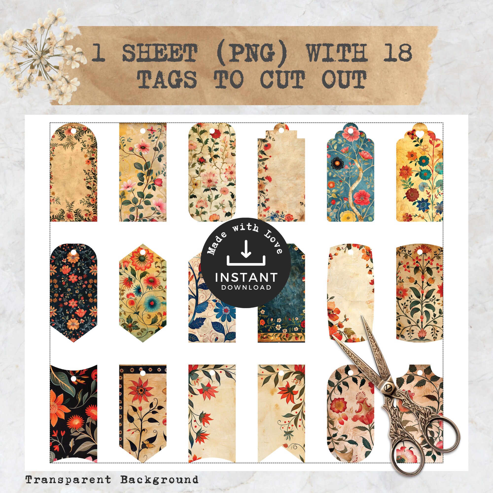 Floral Junk Journal Printable Pages With Tags, Craft Paper Pack ...