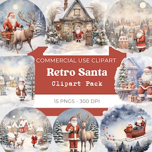 Retro Santa Clipart, Retro Christmas Png, Retro Vintage Christmas, Watercolor Christmas | Digital Download, Commercial Use, 15 Png 300 Dpi