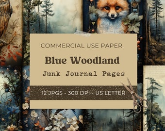 Blue Woodland Junk Journal Pages, Double Pages Forest Woodland Animals Printable Digital Paper, Scrapbook, Digital Download, Commercial Use