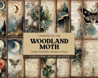 Mystic Woodland Moth Junk Journal Pages - Luna moths, Celestial Witchy Ephemera, Moonlight Scrapbooking Printable Fairycore Background