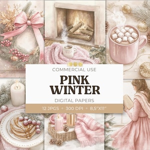 Papéis digitais imprimíveis de inverno rosa, fundo de aquarela aconchegante de Natal 8,5 x 11 páginas de diário de lixo, cartões de scrapbook, uso comercial, 12 JPG
