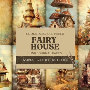Pages de journal indésirable champignon maison, maison de fées originale Double Pages vintage papier numérique imprimable Scrapbooking téléchargement numérique usage Commercial