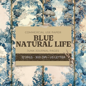 Blue Natural Life Junk Journal Papers, Blue Floral Printable Pages with Tags, Vintage Collage Sheet, Scrapbook Paper, Instant Download
