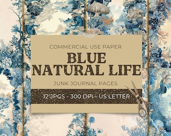 Blue Natural Life Junk Journal Papers, Blue Floral Printable Pages with Tags, Vintage Collage Sheet, Scrapbook Paper, Instant Download