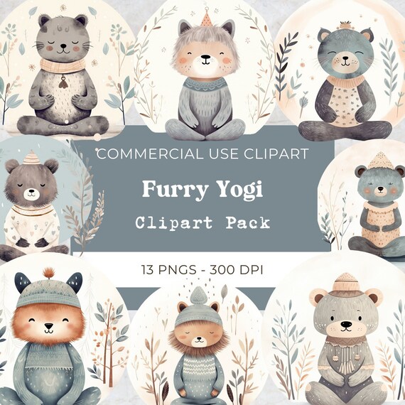 Yoga Furry Animal Clipart, Cute Meditation Clipart, Yoga Pose And Mindfulness Png, Mindful Yoga Clipart, Digital Download, Commercial Use