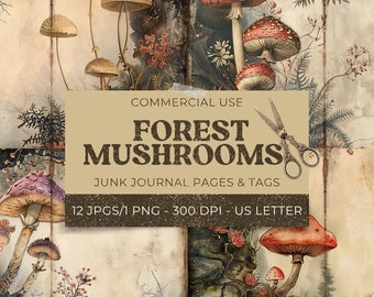 Mushroom Junk Journal Pages, Forest Junk Journal, Woodland Ephemera, Printable Kit, Scrapbooking, Paper Craft, Collage Sheet 11 x 8.5
