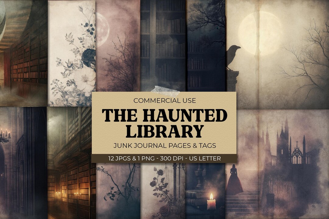 Haunted Library Junk Journal Kit, Printable Halloween Ephemera, Digital ...