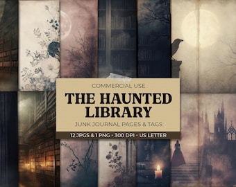 Haunted Library Junk Journal Kit, Printable Halloween Ephemera, Digital Craft Supplies for Spooky Projects, Scrapbook Papers