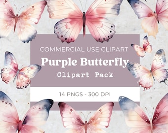 Purple Butterflies Clipart, Garden Clipart, Spring Clipart, Watercolor Butterfly Clipart, Instant Digital Download, Commercial Use, 14 Png