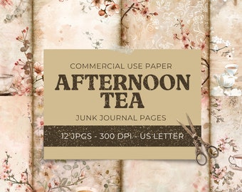 Afternoon Tea Junk Journal, Pages & Tags, Craft Paper Pack, Shabby Chic Tea Party Collage Sheet, Scrapbook Paper Printable, Digital Download