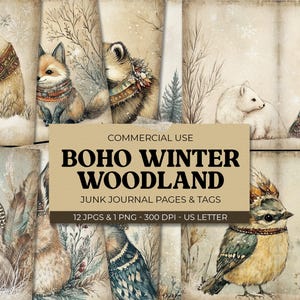 Boho Winter Woodland Junk Journal Page, dagboekpagina's + tags, afdrukbare efemere verschijnselen van bosdieren, kerstpapier ambachtelijk collageblad, digitaal