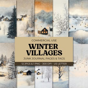 Páginas de diario basura de Winter Village Serenity, paisaje nevado vintage, escenas de cabañas acogedoras, paquete de papel digital, manualidades para imprimir, álbum de recortes