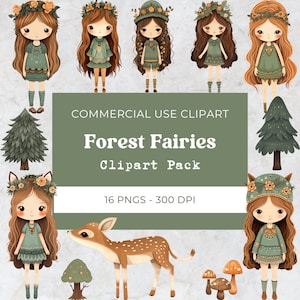 Forest Fairy Clipart, Cute Fairy Girl Clipart, Woodland Clipart, Fantasy Clipart, Instant Digital Download, Commercial Use, 16 Png 300 Dpi