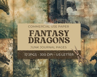 May include: Twelve digital paper pages featuring fantasy dragons and medieval castles in a vintage style. The papers are designed for junk journaling and are 300 DPI, US Letter size. The text on the image reads: "COMMERCIAL USE PAPER FANTASY DRAGONS JUNK JOURNAL PAGES 12 JPGS - 300 DPI - US LETTER"