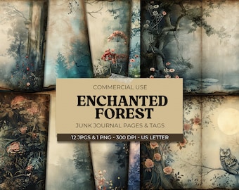 Enchanted Woodland Junk Journal, magisch afdrukbaar collagevel, plakboek donker bos, papierkunst, afdrukbaar papier 11 x 8,5