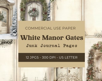 White Manor Gate Junk Journal Pages, Winter Door, Christmas Journal Printable, Vintage Digital Paper, Digital Download, Commercial Use