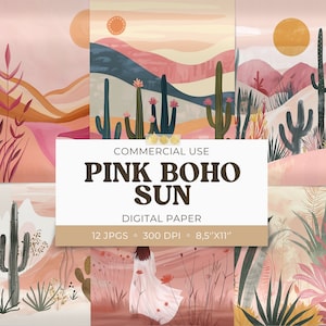 Pink Boho Sun Printable, Digital Papers, Pink Boho Desert Scenes, 8.5x11 Sheet Junk Journal Pages, Scrapbook Cards, Commercial Use, 12 JPG