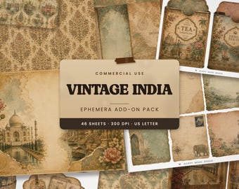 Vintage India Ephemera Pack | 46 Printable Junk Journal Pages | Pockets, Fussy Cuts, Journal Cards & 6 Background Papers | Commercial Use