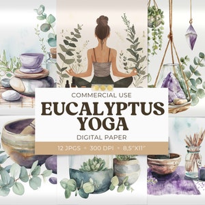 Papier numérique eucalyptus yoga, arrière-plans bohèmes aquarelles, 8,5 x 11 papiers, pages de journal indésirable, carte de voeux de scrapbooking usage commercial JPG