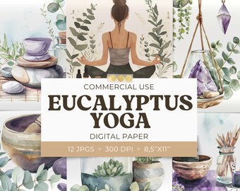 Eucalyptus Yoga Digital Paper, Watercolor Boho Backgrounds, 8.5x11 Papers Junk Journal Pages, Scrapbooking Greetings Card Commercial Use JPG