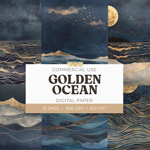 Papéis digitais imprimíveis Golden Ocean, cenas noturnas estreladas, páginas de diário de lixo de 8,5 x 11 folhas, cartões de scrapbook, uso comercial, 12 JPG