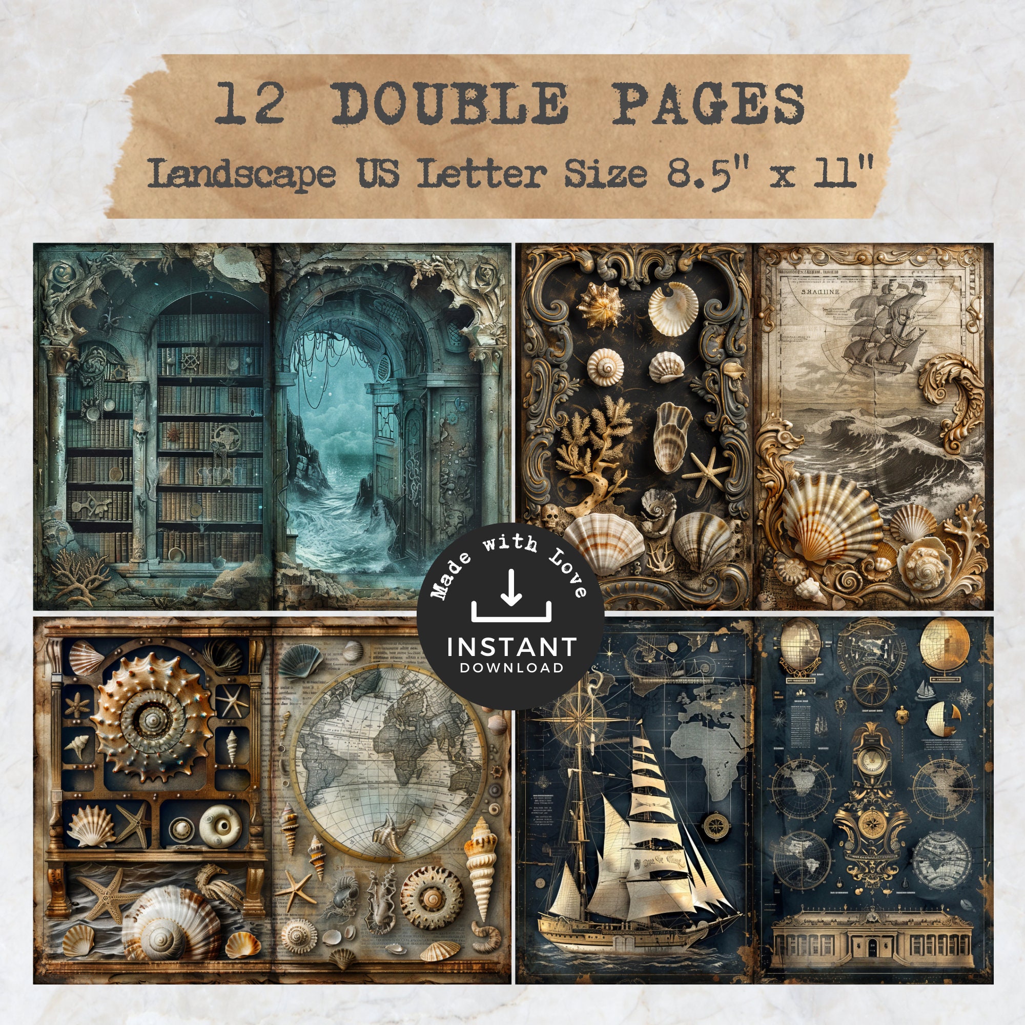 Junk Journal Kit Nautical, 12 Vintage Digital Journal Pages 18 Tags ...