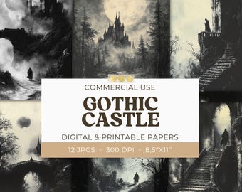 Gothic Castle Scrapbook Paper Pack of 12 - Dark Fantasy Junk Journal Pages, Haunted Printable Ephemera, Halloween Digital Paper Set, 8.5x11