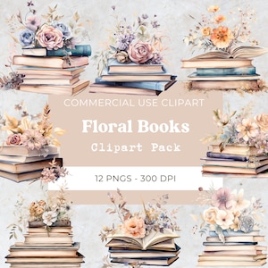 Floral Book Clipart, Vintage Book with Flowers Png, Book Lover Png, Reading Clipart | Digital Download, Commercial Use, 12 Png 300 Dpi