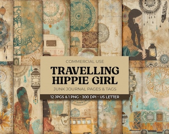 May include: A digital collage of 12 images featuring a hippie girl, dreamcatchers, vintage travel trailers, and mandala designs in shades of brown, blue, and gold. The text "TRAVELLING HIPPIE GIRL" is displayed in a banner across the top of the collage.