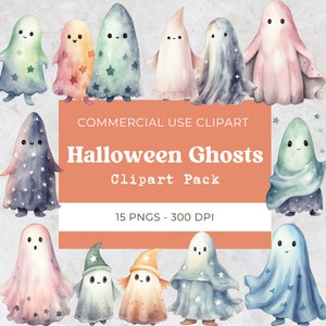 Watercolor Halloween Cute Ghost Clipart | Cute Halloween Ghost Clipart | Digital Download | Commercial Use | 15 Png 300 Dpi