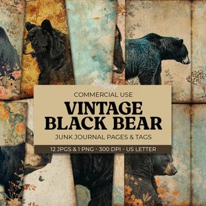 Pagine di diario vintage con orso nero, carta digitale rustica, effimere floreali, artigianato del bosco e forniture per scrapbooking, sfondo stampabile