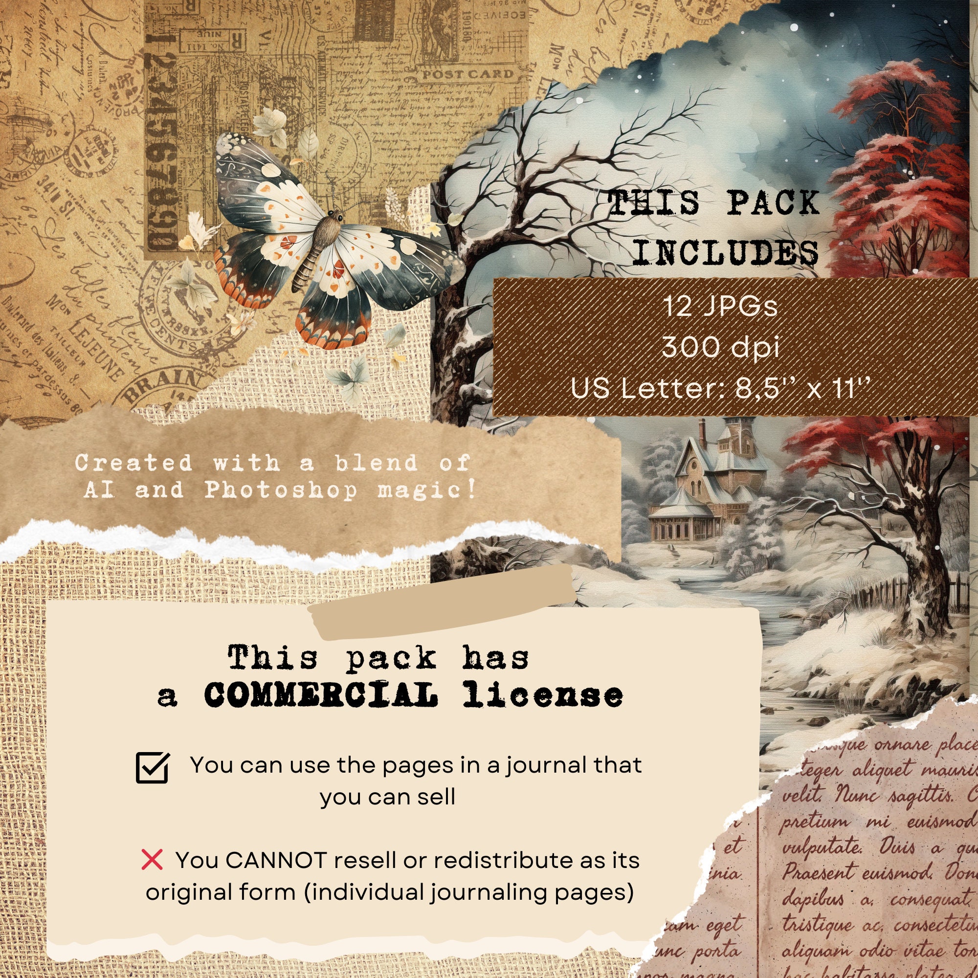 Blue Winter Junk Journal Pages, Double Pages Snow Floral Birds Cottages ...